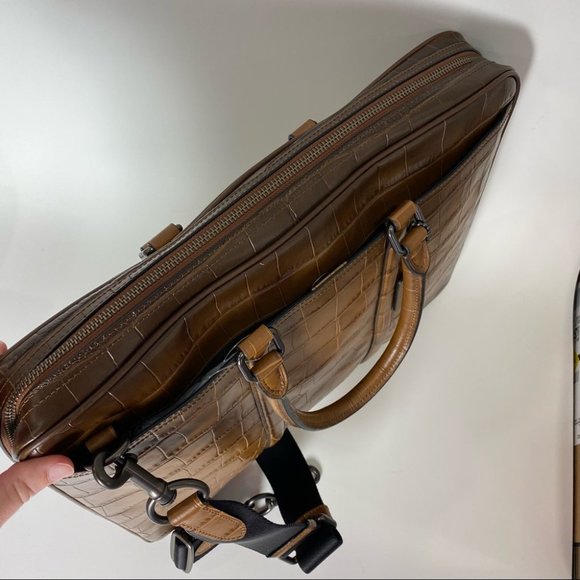 Coach Brown Croc-Embossed Laptop Bag - Picture 12 of 14